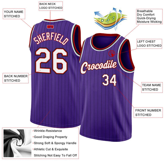 Custom Purple Black Pinstripe White-Red Authentic Basketball Jersey - Sky-Custom