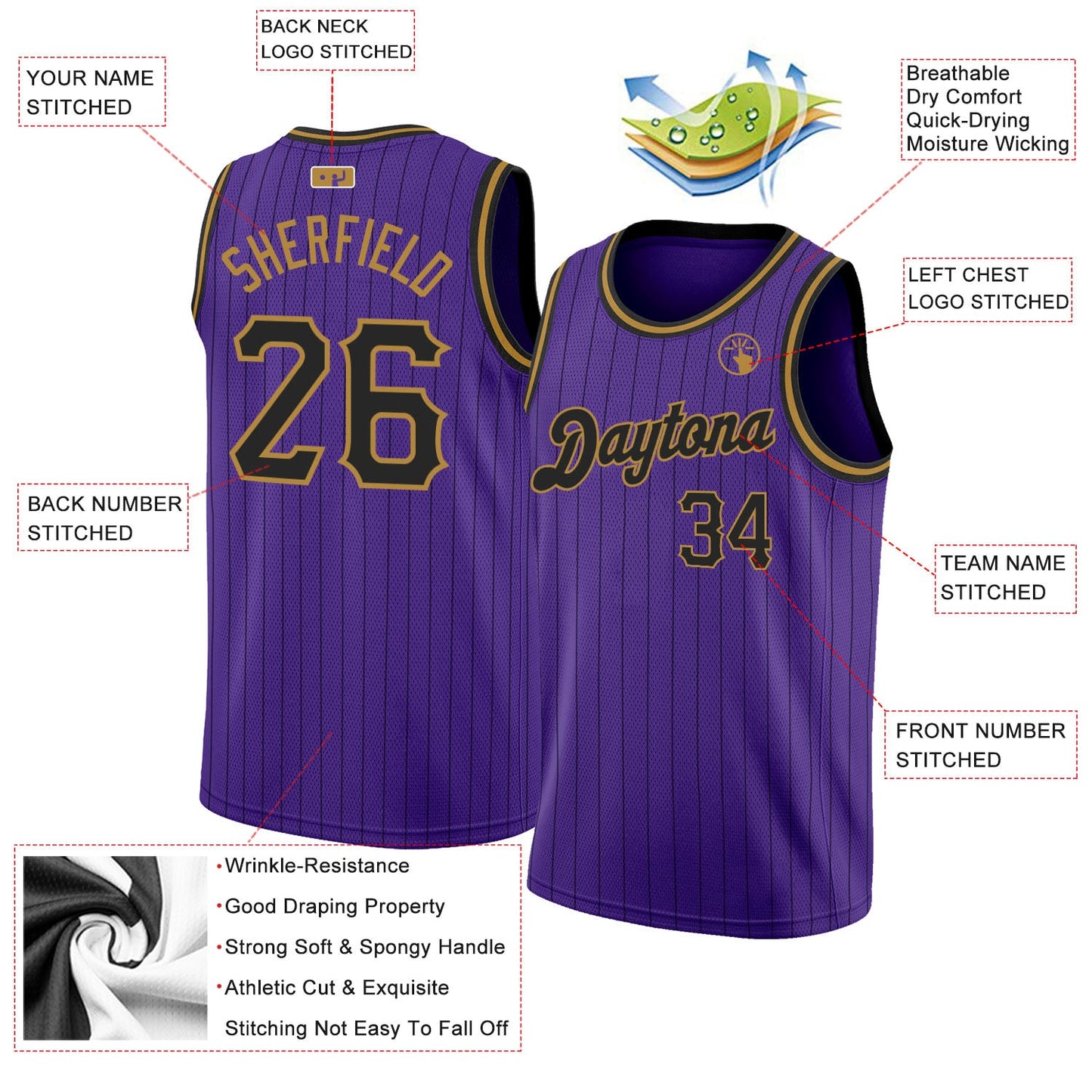 Custom Purple Black Pinstripe Black-Old Gold Authentic Basketball Jersey - Sky-Custom