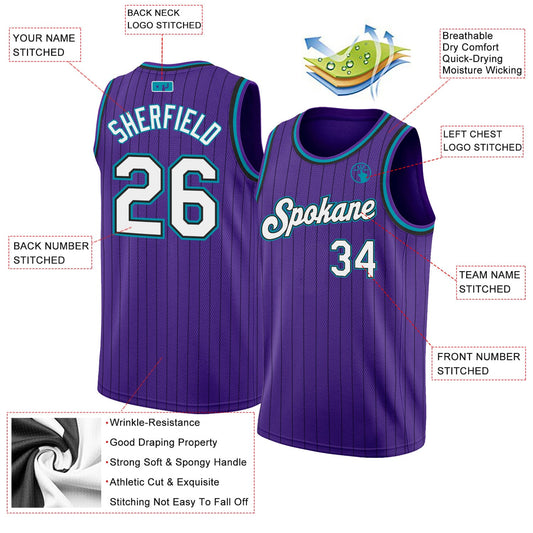 Custom Purple Black Pinstripe White-Teal Authentic Basketball Jersey - Sky-Custom