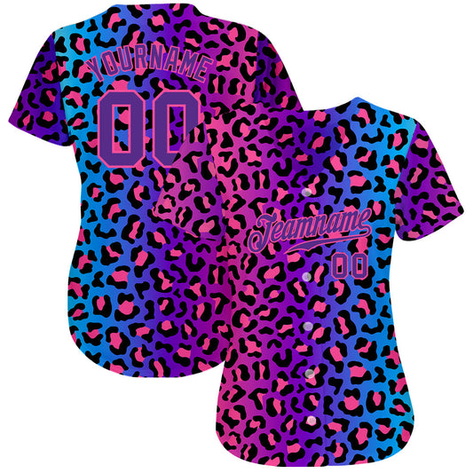 Custom Purple Purple-Pink 3D Pattern Design Leopard Authentic Baseball Jersey - Sky-Custom