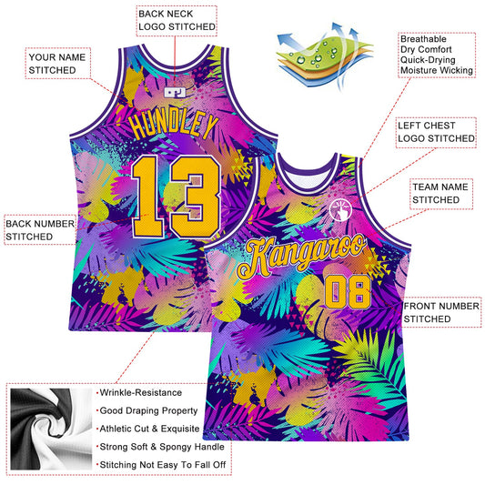 Custom Purple Gold-White 3D Pattern Tropical Hawaii Plants Authentic Basketball Jersey - Sky-Custom
