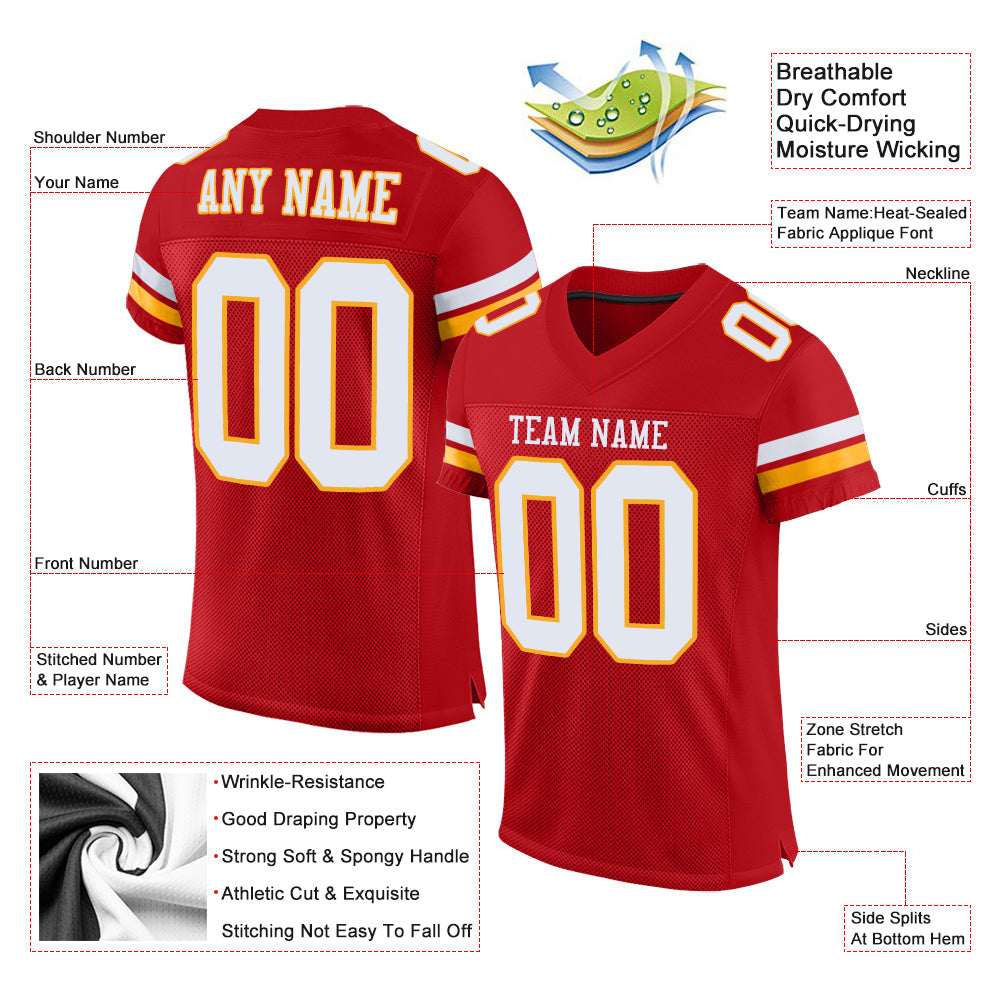 Custom Red White-Gold Mesh Authentic Football Jersey - Sky-Custom