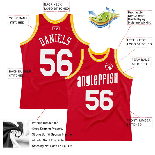 Custom Red White-Gold Authentic Throwback Basketball Jersey - Sky-Custom