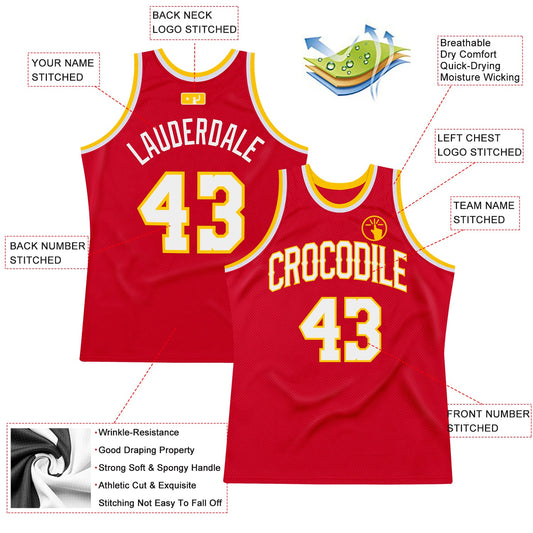 Custom Red White-Gold Authentic Throwback Basketball Jersey - Sky-Custom