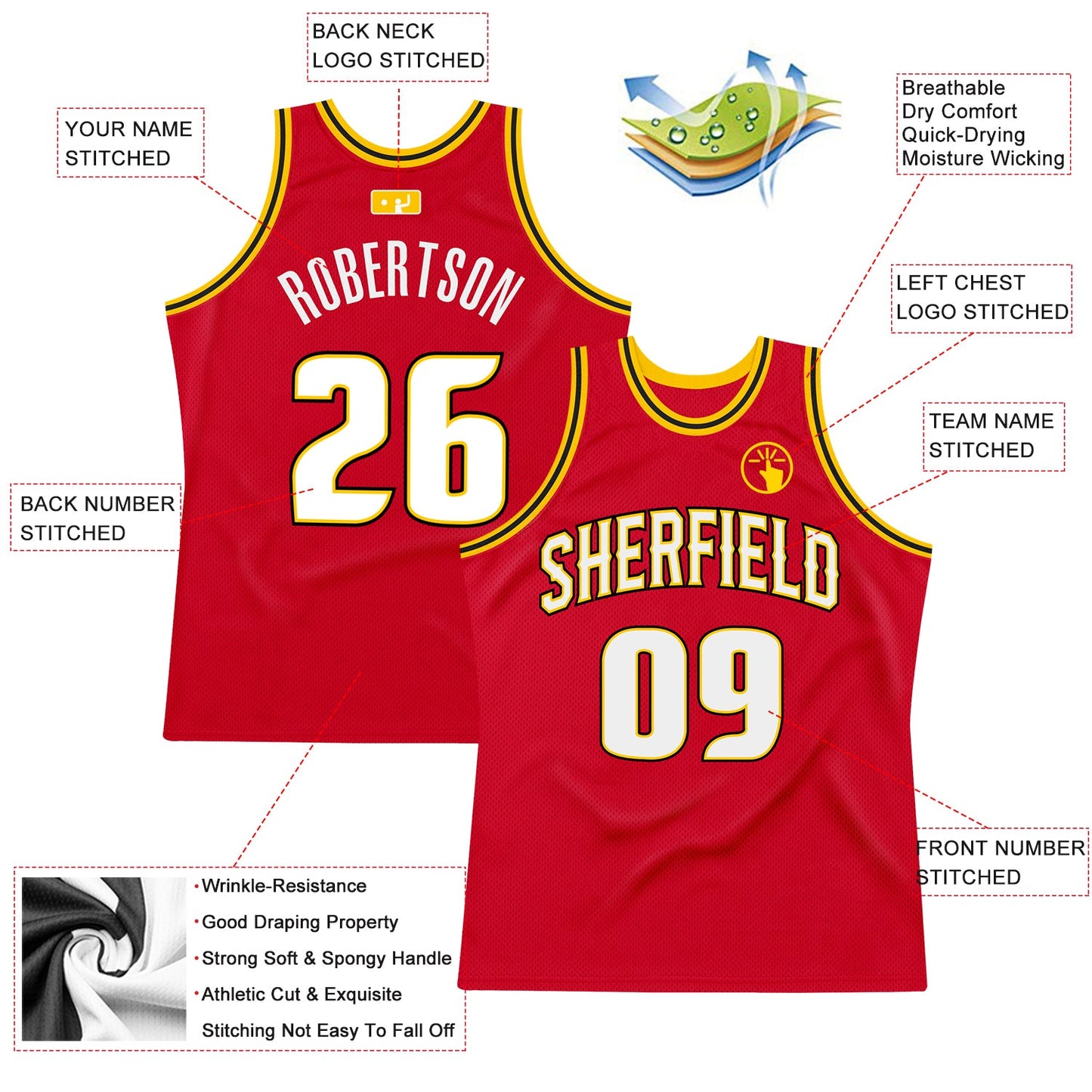 Custom Red White-Gold Authentic Throwback Basketball Jersey - Sky-Custom