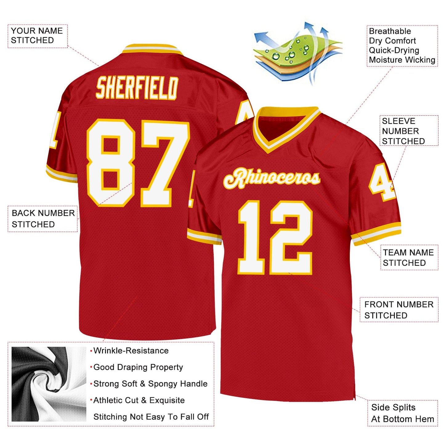 Custom Red White-Gold Mesh Authentic Throwback Football Jersey - Sky-Custom