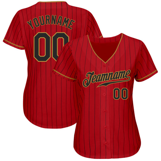 Custom Red Black Pinstripe Black-Old Gold Authentic Baseball Jersey - Sky-Custom