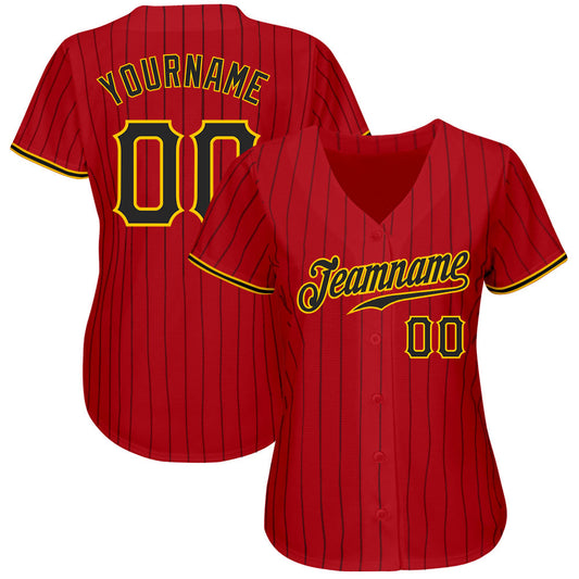 Custom Red Black Pinstripe Black-Gold Authentic Baseball Jersey - Sky-Custom