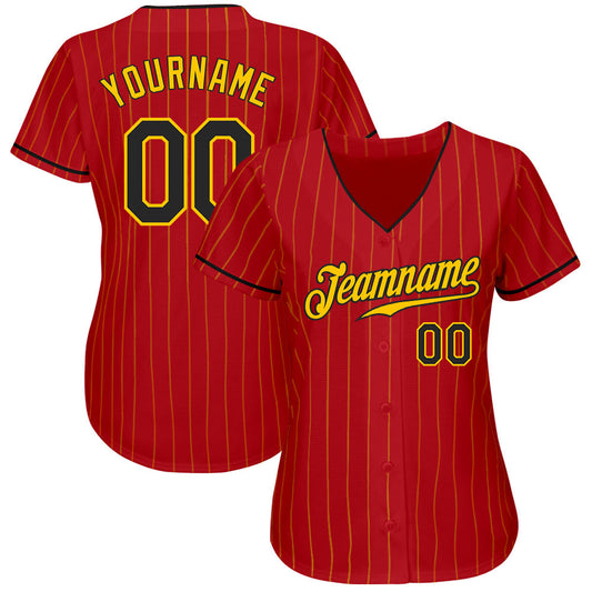 Custom Red Gold Pinstripe Black-Gold Authentic Baseball Jersey - Sky-Custom
