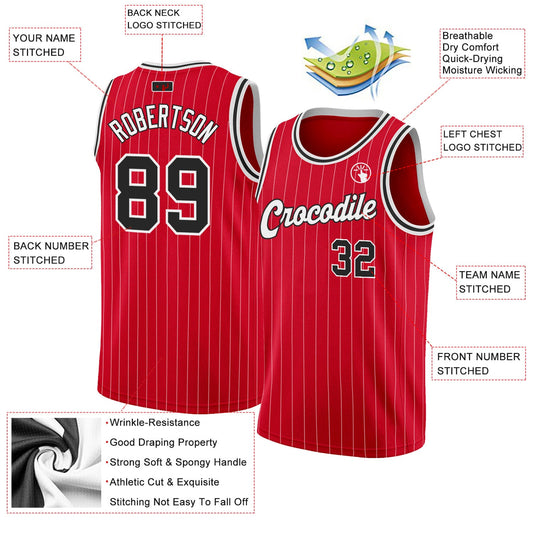 Custom Red White Pinstripe Black-White Authentic Basketball Jersey - Sky-Custom