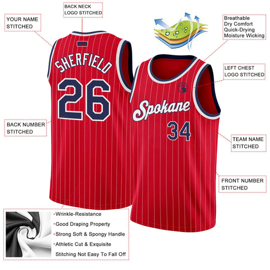 Custom Red White Pinstripe Navy-White Authentic Basketball Jersey - Sky-Custom