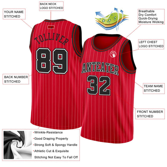 Custom Red White Pinstripe Black-White Authentic Basketball Jersey - Sky-Custom