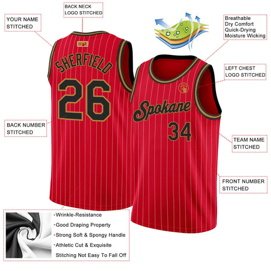 Custom Red White Pinstripe Black-Old Gold Authentic Basketball Jersey - Sky-Custom