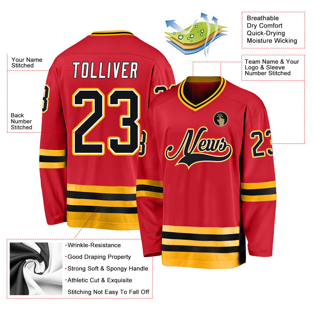 Custom Red Black-Gold Hockey Jersey - Sky-Custom