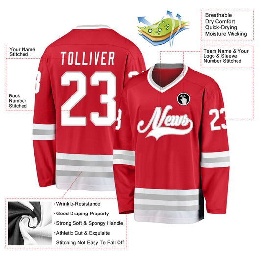 Custom Red White-Gray Hockey Jersey - Sky-Custom