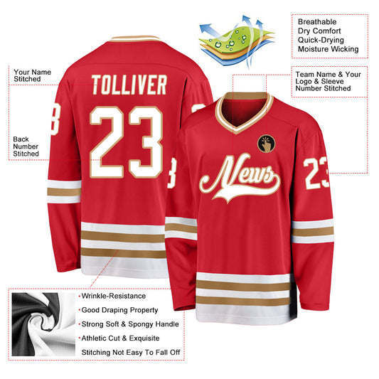Custom Red White-Old Gold Hockey Jersey - Sky-Custom
