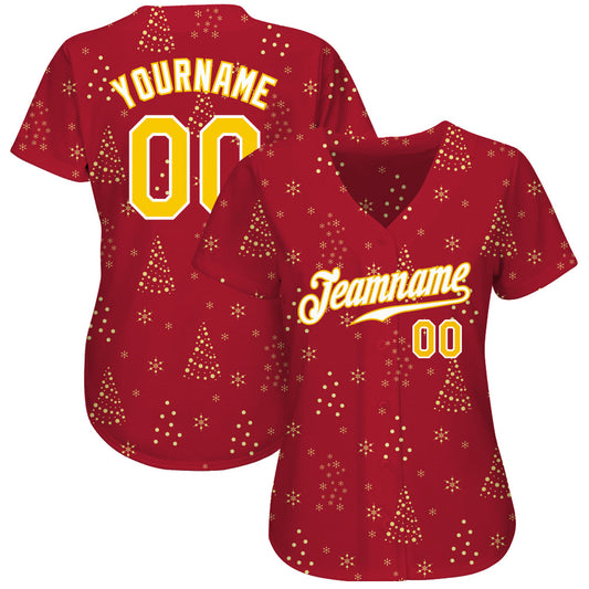 Custom Red Gold-White Christmas 3D Authentic Baseball Jersey - Sky-Custom