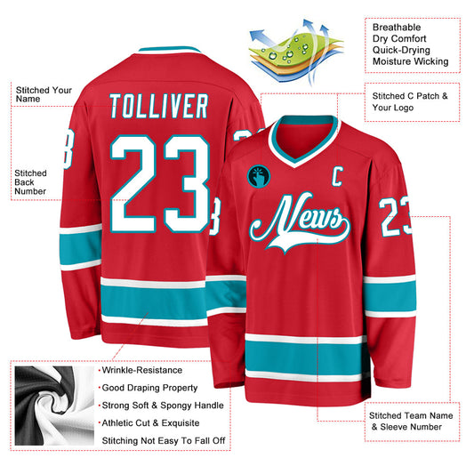 Custom Red White-Teal Hockey Jersey - Sky-Custom