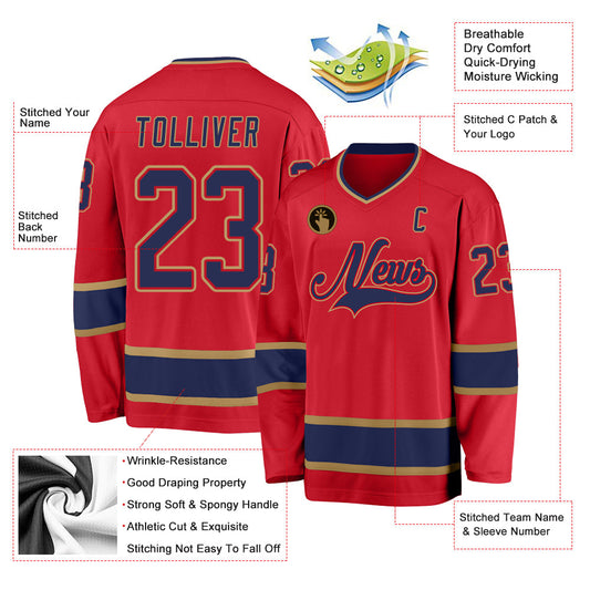 Custom Red Navy-Old Gold Hockey Jersey - Sky-Custom