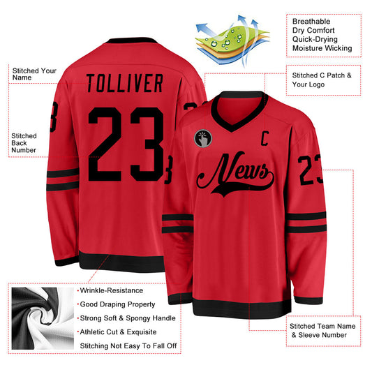 Custom Red Black Hockey Jersey - Sky-Custom