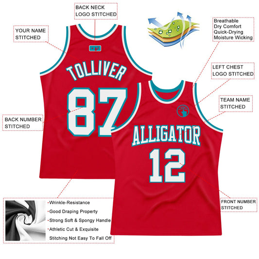 Custom Red White-Teal Authentic Throwback Basketball Jersey - Sky-Custom