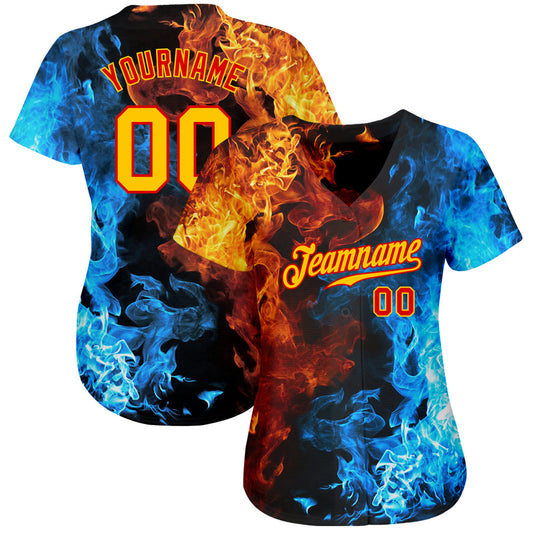 Custom Red Gold 3D Pattern Design Flame Authentic Baseball Jersey - Sky-Custom