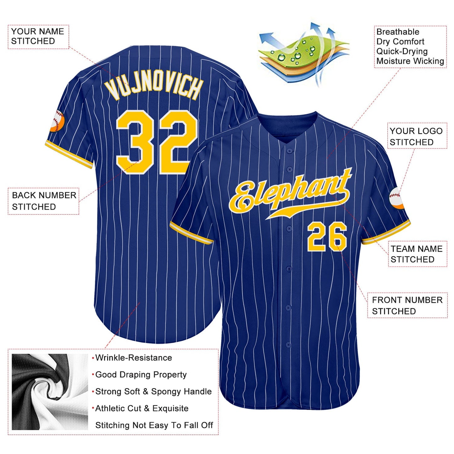 Custom Royal White Pinstripe Gold-White Authentic Baseball Jersey - Sky-Custom