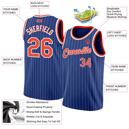 Custom Royal White Pinstripe Orange-White Authentic Basketball Jersey - Sky-Custom