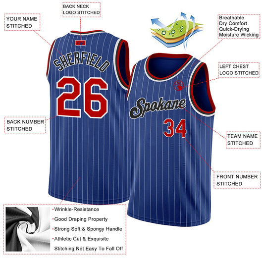 Custom Royal White Pinstripe Red-Black Authentic Basketball Jersey - Sky-Custom