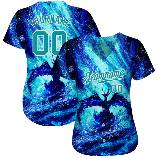 Custom Royal Teal-White 3D Pattern Design Water Dragon Authentic Baseball Jersey - Sky-Custom