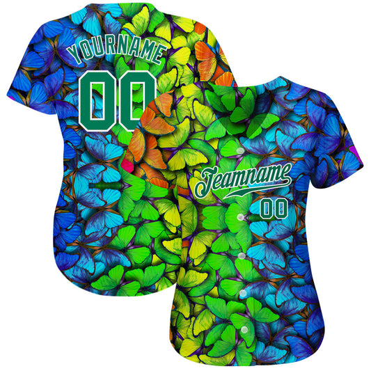 Custom Royal Kelly Green-White 3D Pattern Design Multicolored Butterflies Authentic Baseball Jersey - Sky-Custom