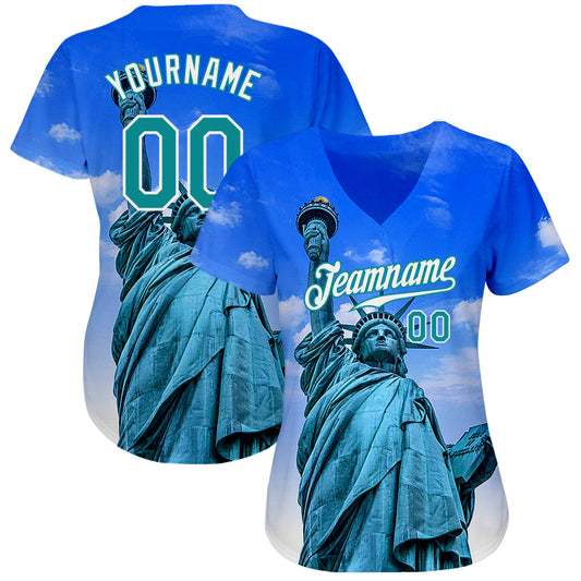 Custom Royal Kelly Green-White 3D Pattern Design Statue Of Liberty Authentic Baseball Jersey - Sky-Custom