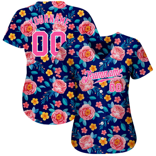 Custom Royal Pink-White 3D Pattern Design Flowers Authentic Baseball Jersey - Sky-Custom