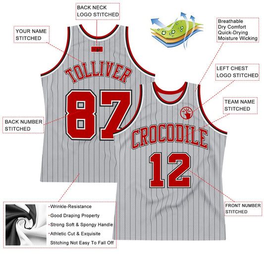 Custom Gray Black Pinstripe Red-White Authentic Basketball Jersey - Sky-Custom