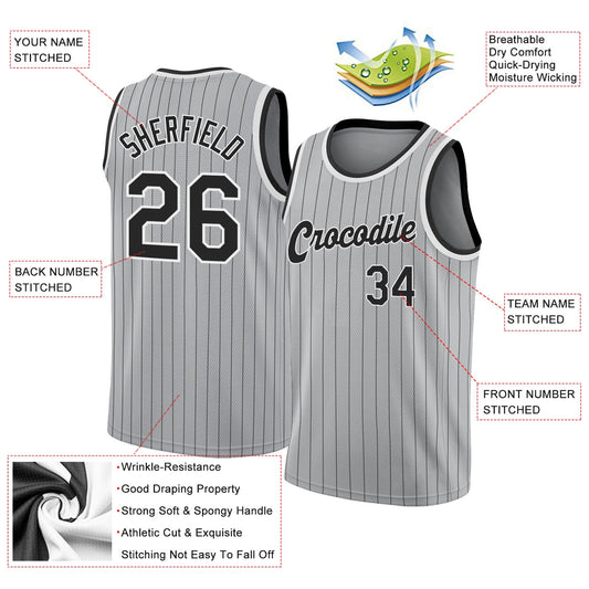 Custom Gray Black Pinstripe Black-White Authentic Basketball Jersey - Sky-Custom