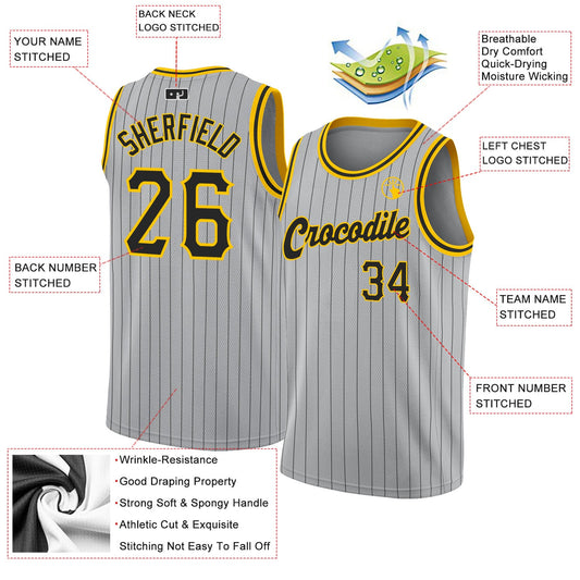 Custom Gray Black Pinstripe Black-Gold Authentic Basketball Jersey - Sky-Custom