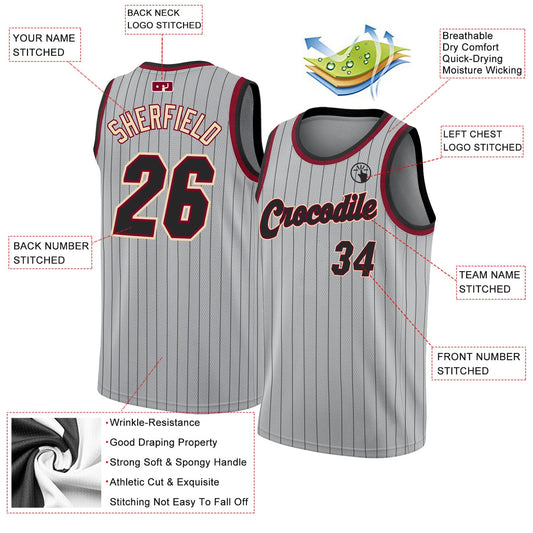 Custom Gray Black Pinstripe Black-Maroon Authentic Basketball Jersey - Sky-Custom