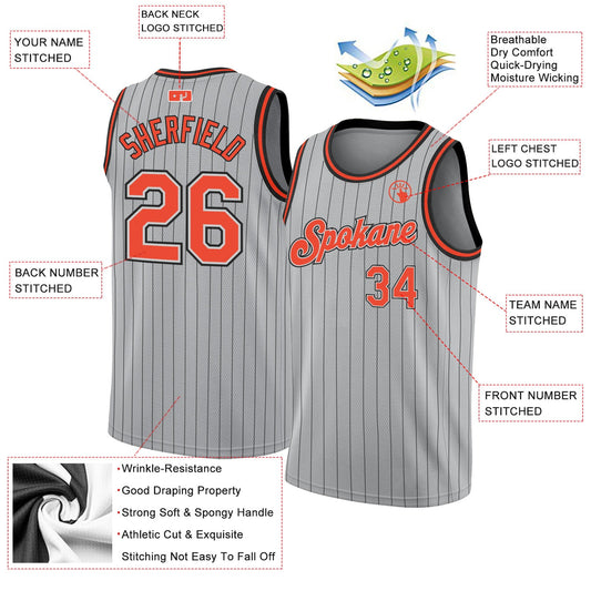 Custom Gray Black Pinstripe Orange-Black Authentic Basketball Jersey - Sky-Custom