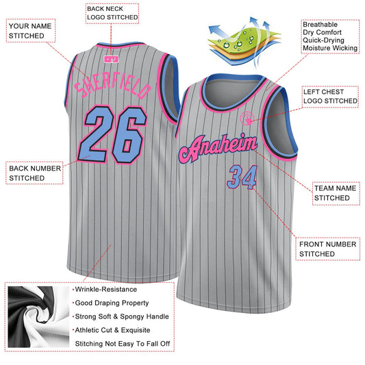 Custom Gray Black Pinstripe Light Blue-Pink Authentic Basketball Jersey - Sky-Custom