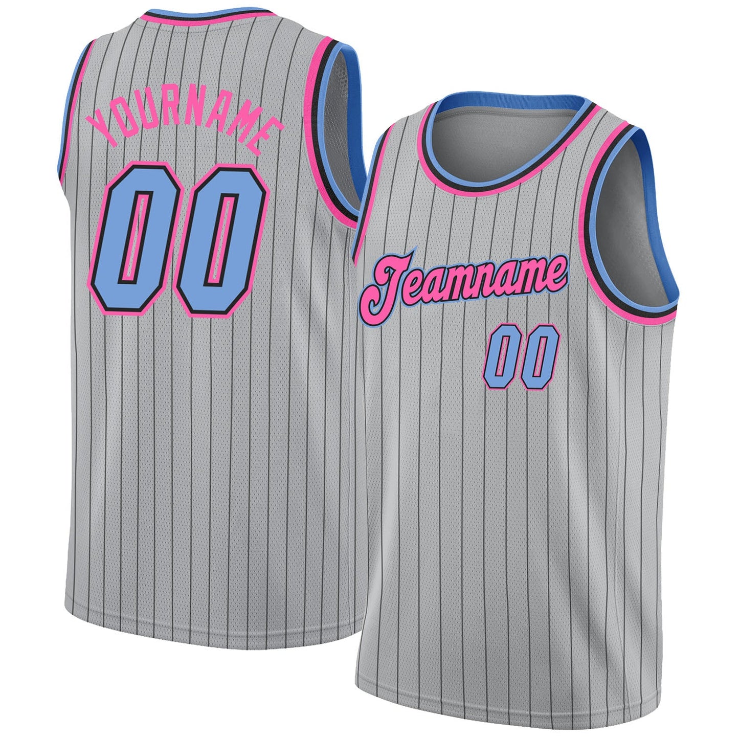 Custom Gray Black Pinstripe Light Blue-Pink Authentic Basketball Jersey - Sky-Custom