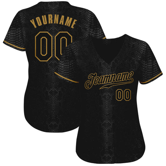 Custom Black Snakeskin Black-Old Gold 3D Pattern Design Authentic Baseball Jersey - Sky-Custom