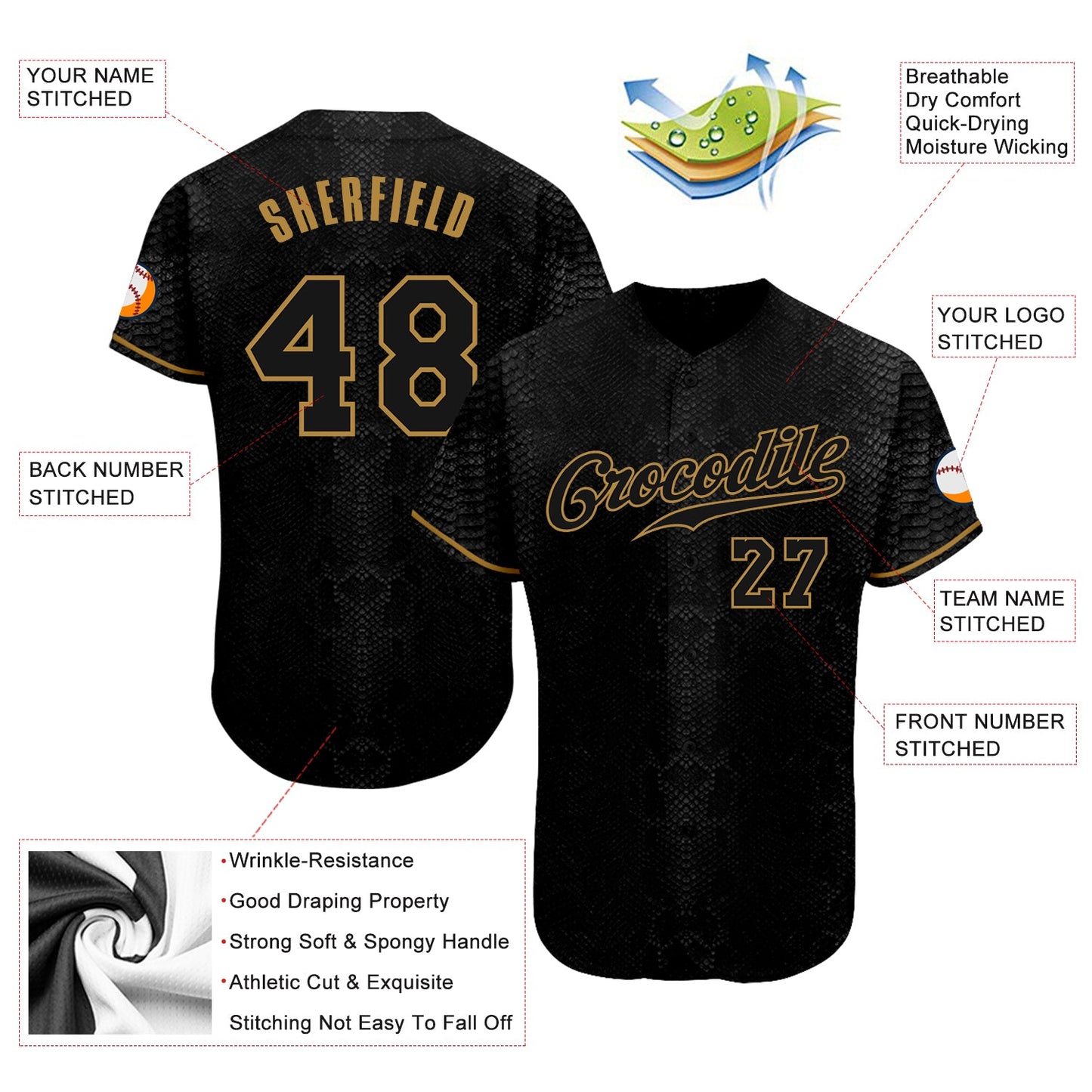 Custom Black Snakeskin Black-Old Gold 3D Pattern Design Authentic Baseball Jersey - Sky-Custom
