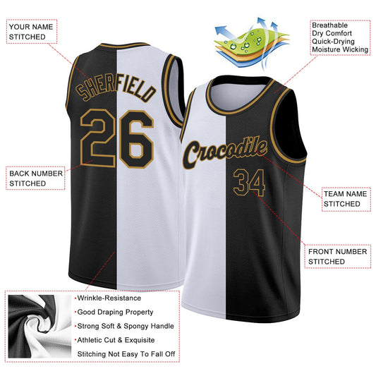 Custom White Black-Old Gold Authentic Split Fashion Basketball Jersey - Sky-Custom