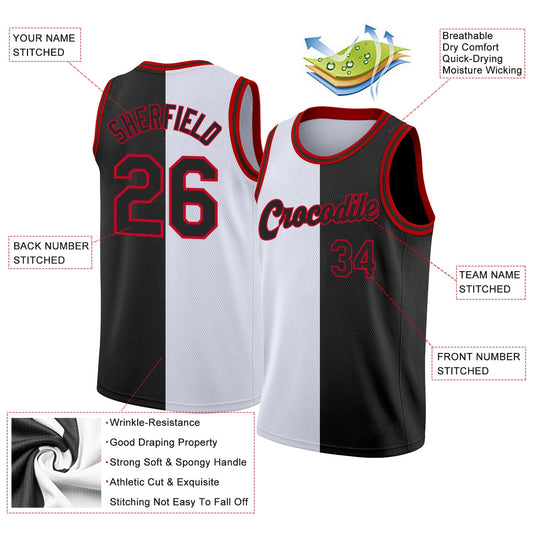 Custom White Black-Red Authentic Split Fashion Basketball Jersey - Sky-Custom