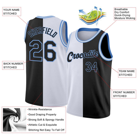 Custom White Black-Light Blue Authentic Split Fashion Basketball Jersey - Sky-Custom