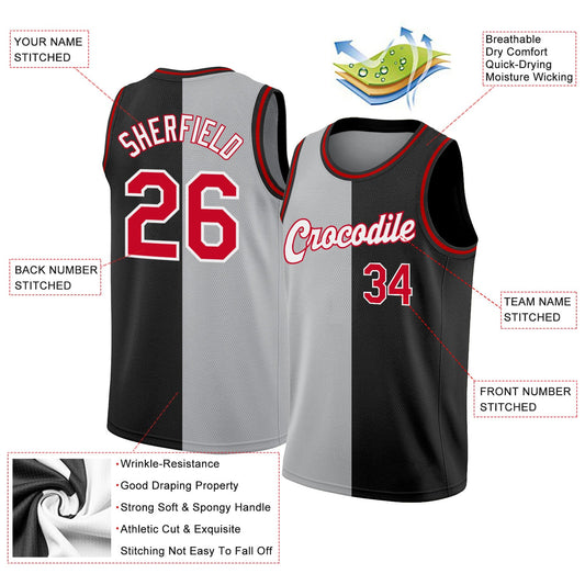 Custom Black Red-Gray Authentic Split Fashion Basketball Jersey - Sky-Custom