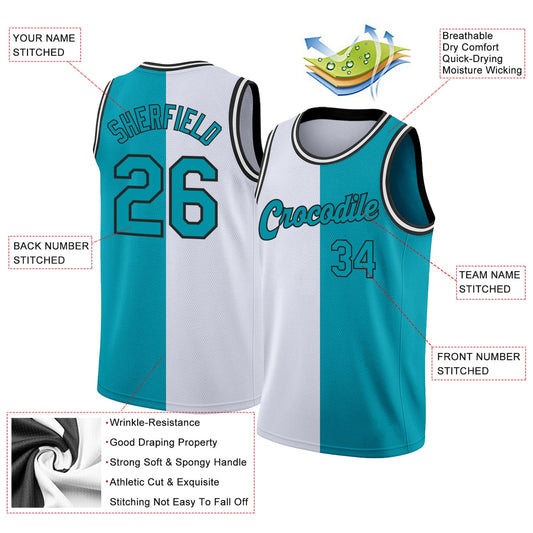 Custom White Teal-Black Authentic Split Fashion Basketball Jersey - Sky-Custom