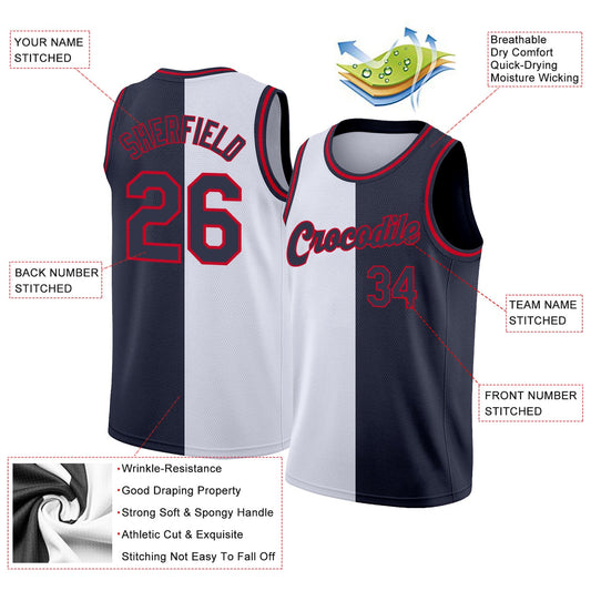 Custom White Navy-Red Authentic Split Fashion Basketball Jersey - Sky-Custom
