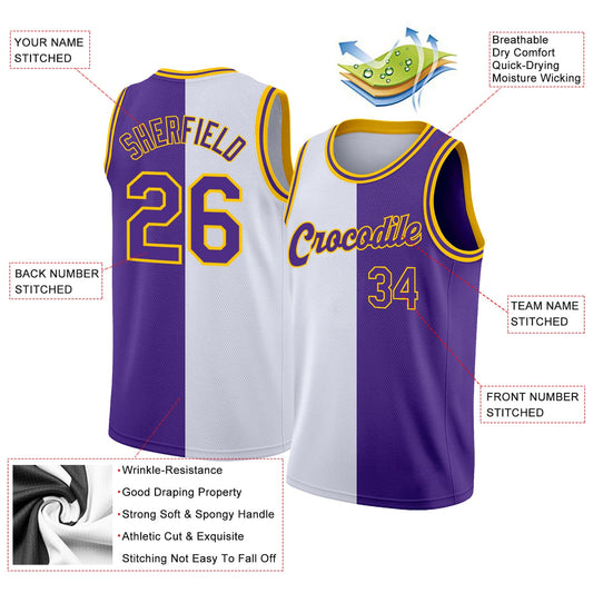Custom White Purple-Gold Authentic Split Fashion Basketball Jersey - Sky-Custom
