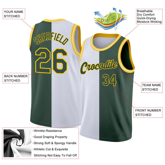 Custom White Hunter Green-Gold Authentic Split Fashion Basketball Jersey - Sky-Custom
